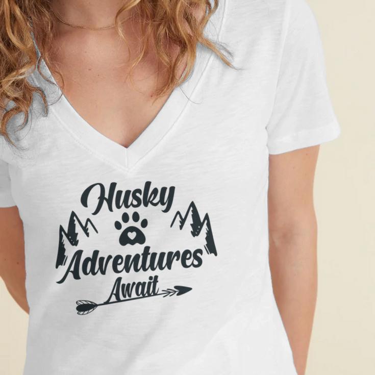 Husky Adventure Await Siberian Husky Adventures Hiking With Huskies Gift For Husky Lover V2 Women's Jersey Short Sleeve Deep V-Neck Tshirt