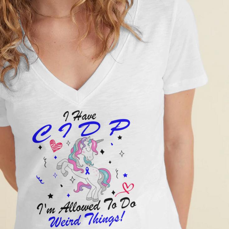 I Have Cidp Im Allowed To Do Weird Things Unicorn Blue Ribbon Cidp Support Cidp Awareness Women's Jersey Short Sleeve Deep V-Neck Tshirt