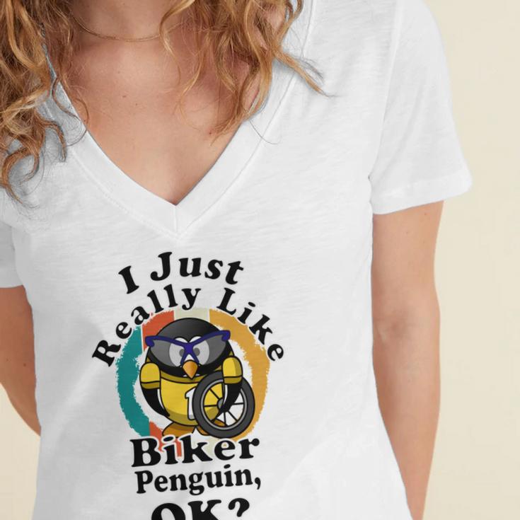 I Really Like Biker Penguin Ok Women's Jersey Short Sleeve Deep V-Neck Tshirt