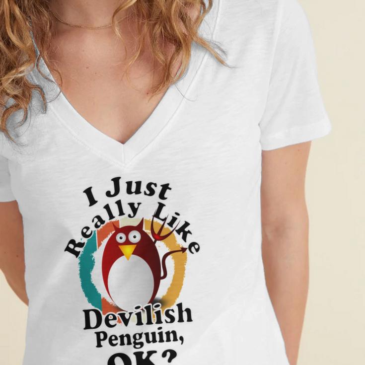 I Really Like Devilish Penguin Ok Women's Jersey Short Sleeve Deep V-Neck Tshirt