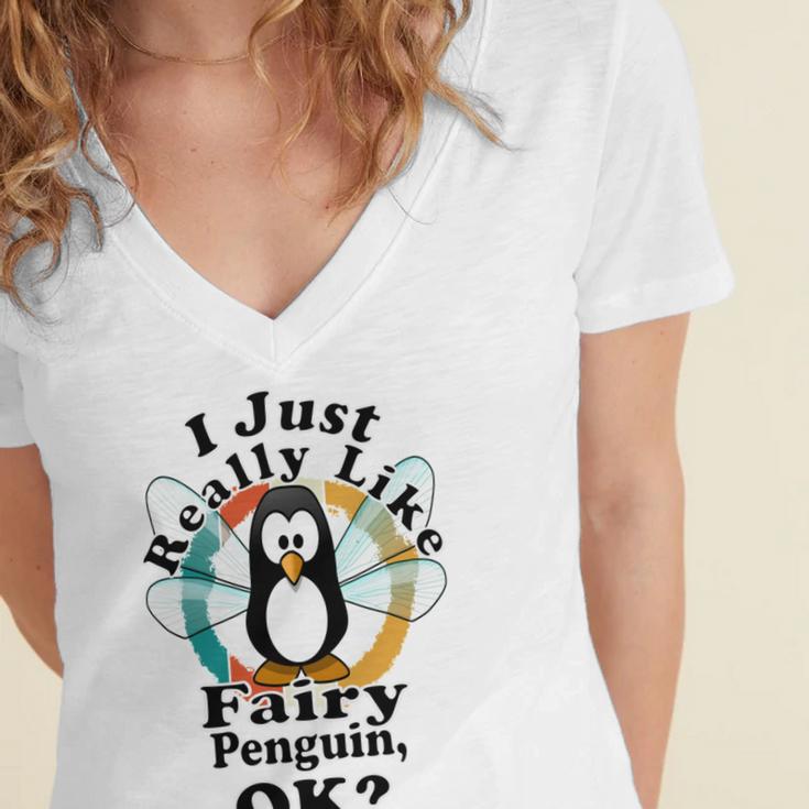 I Really Like Fairy Penguin Ok Women's Jersey Short Sleeve Deep V-Neck Tshirt