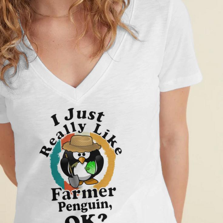 I Really Like Farmer Penguin Ok Women's Jersey Short Sleeve Deep V-Neck Tshirt