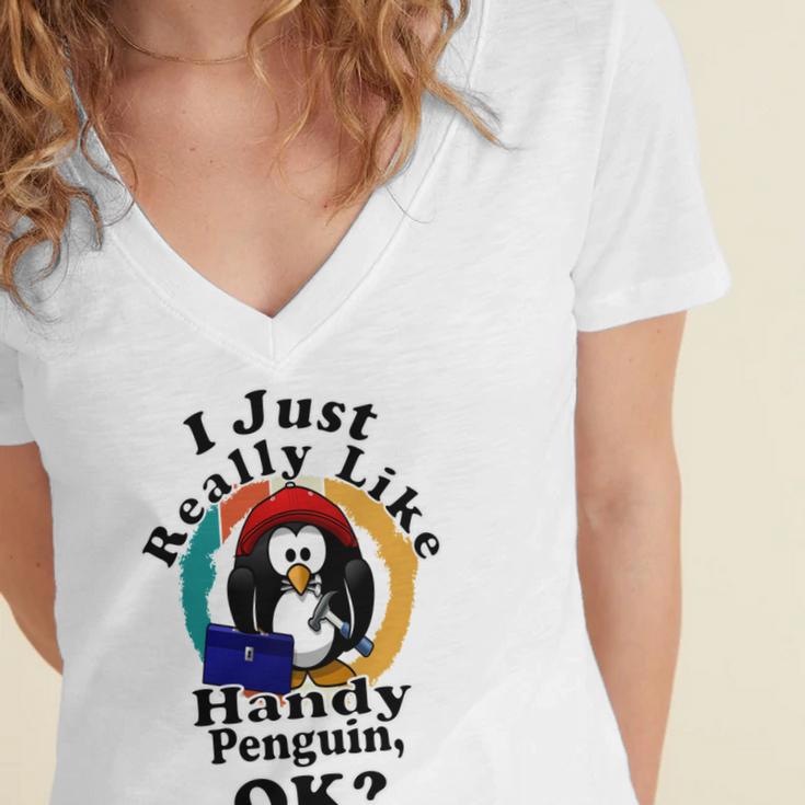 I Really Like Handy Penguin Ok Women's Jersey Short Sleeve Deep V-Neck Tshirt