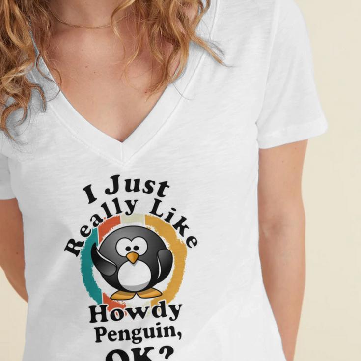 I Really Like Howdy Penguin Ok Women's Jersey Short Sleeve Deep V-Neck Tshirt