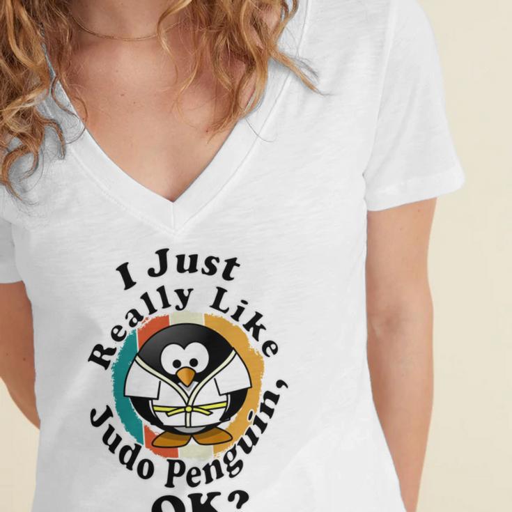 I Really Like Judo Penguin Ok Women's Jersey Short Sleeve Deep V-Neck Tshirt