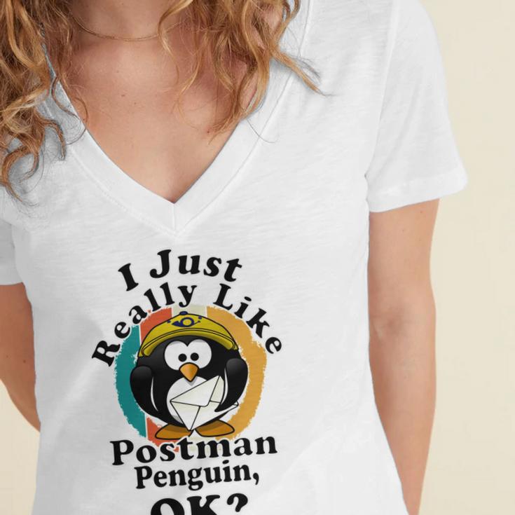 I Really Like Postman Penguin Ok Women's Jersey Short Sleeve Deep V-Neck Tshirt