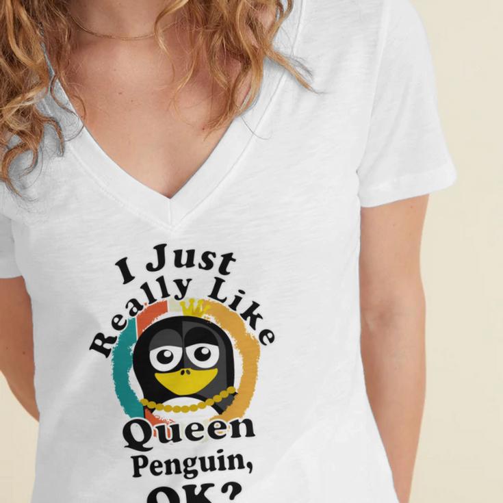 I Really Like Queen Penguin Ok Women's Jersey Short Sleeve Deep V-Neck Tshirt