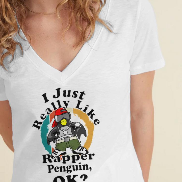 I Really Like Rapper Penguin Ok Women's Jersey Short Sleeve Deep V-Neck Tshirt