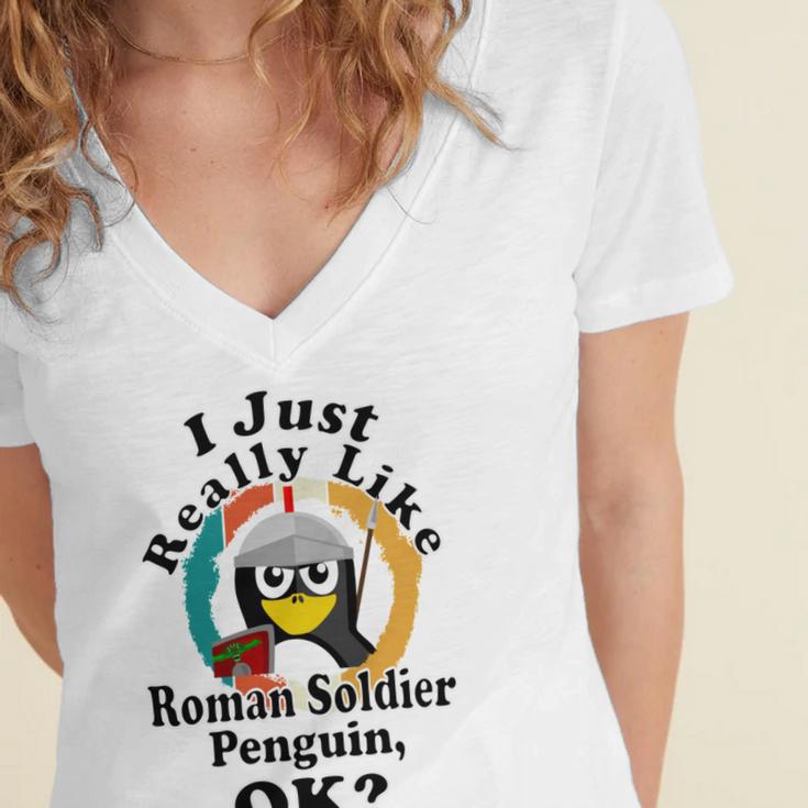 I Really Like Roman Soldier Penguin Ok Women's Jersey Short Sleeve Deep V-Neck Tshirt