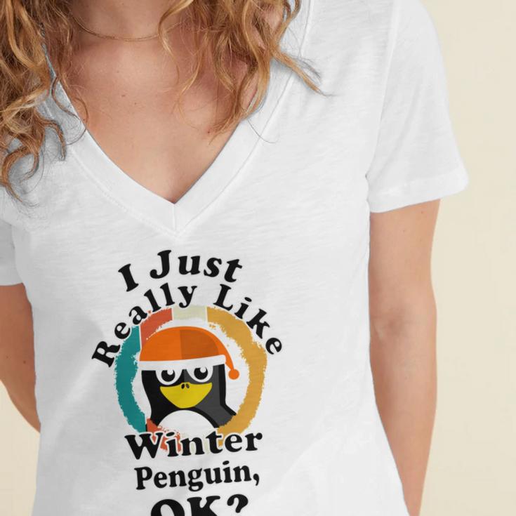 I Really Like Winter Penguin Ok Women's Jersey Short Sleeve Deep V-Neck Tshirt