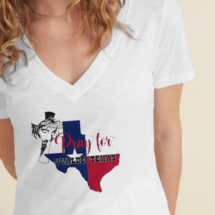 Jesus Pray For Uvalde Texas Protect Texas Not Gun Christian Cross Women's Jersey Short Sleeve Deep V-Neck Tshirt