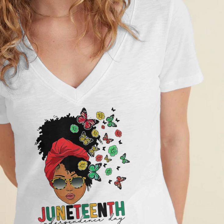 Junenth Is My Independence Day Black Queen And Butterfly Women's Jersey Short Sleeve Deep V-Neck Tshirt