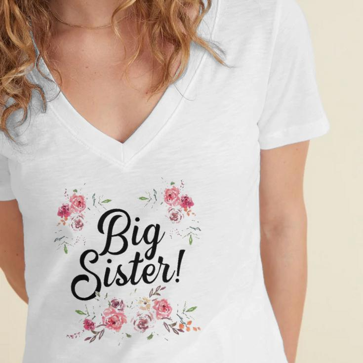 Kids Cute Big Sister Floral Design Toddler Girl Women's Jersey Short Sleeve Deep V-Neck Tshirt