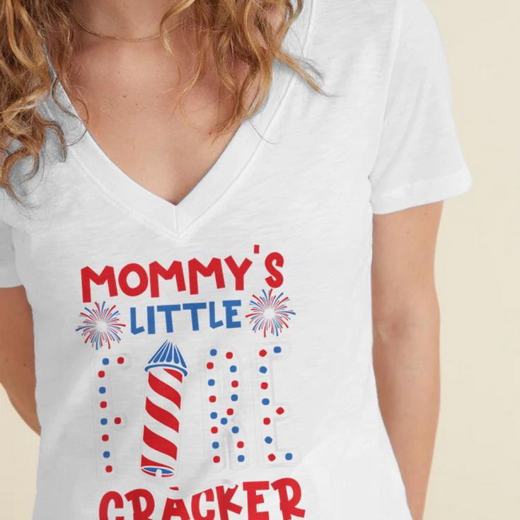 Kids Mommys Little Firecracker Independence Day Firework Toddler Women's Jersey Short Sleeve Deep V-Neck Tshirt