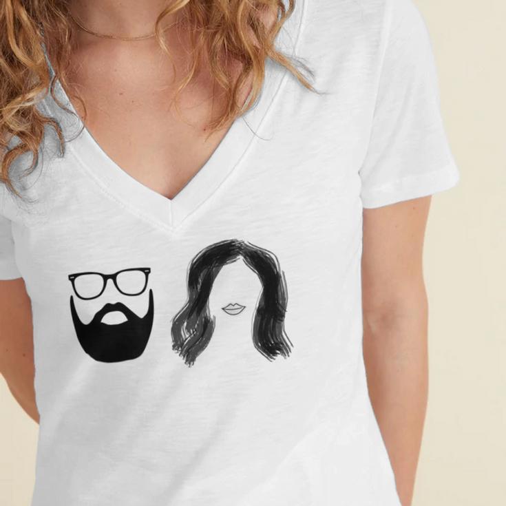 Man With Beard And Glasses With Woman Wavy Hair Women's Jersey Short Sleeve Deep V-Neck Tshirt