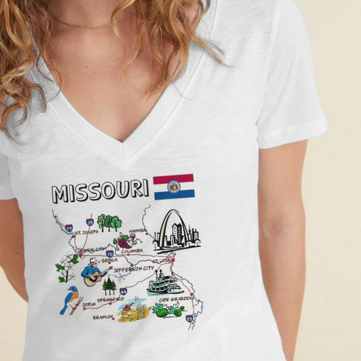 Map Of Missouri Landmarks Major Cities Roads Flag Women's Jersey Short Sleeve Deep V-Neck Tshirt