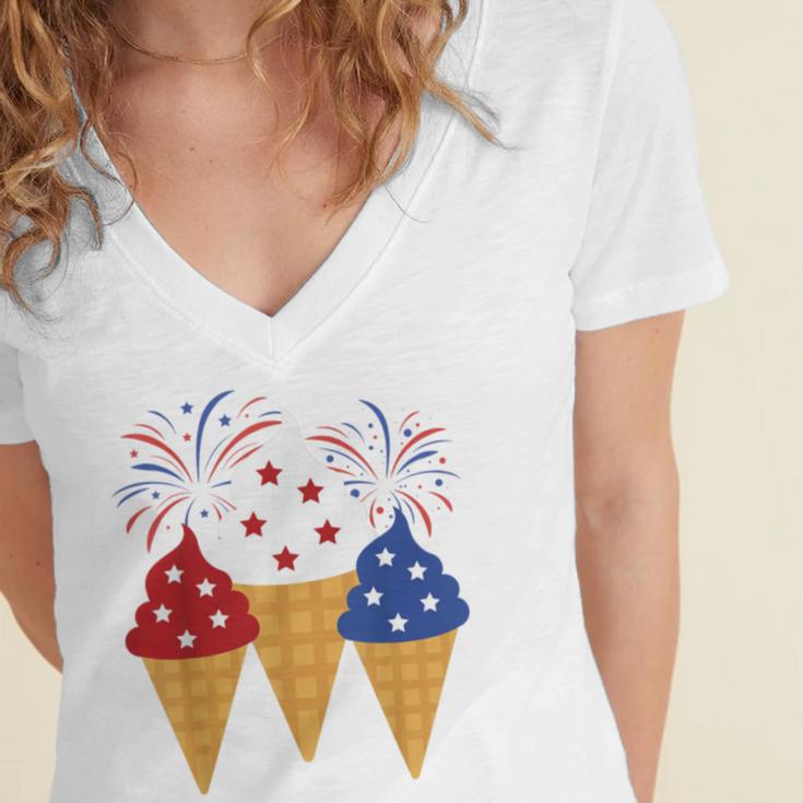 Memorial Day 4Th Of July Holiday Patriotic Ice Cream Women's Jersey Short Sleeve Deep V-Neck Tshirt