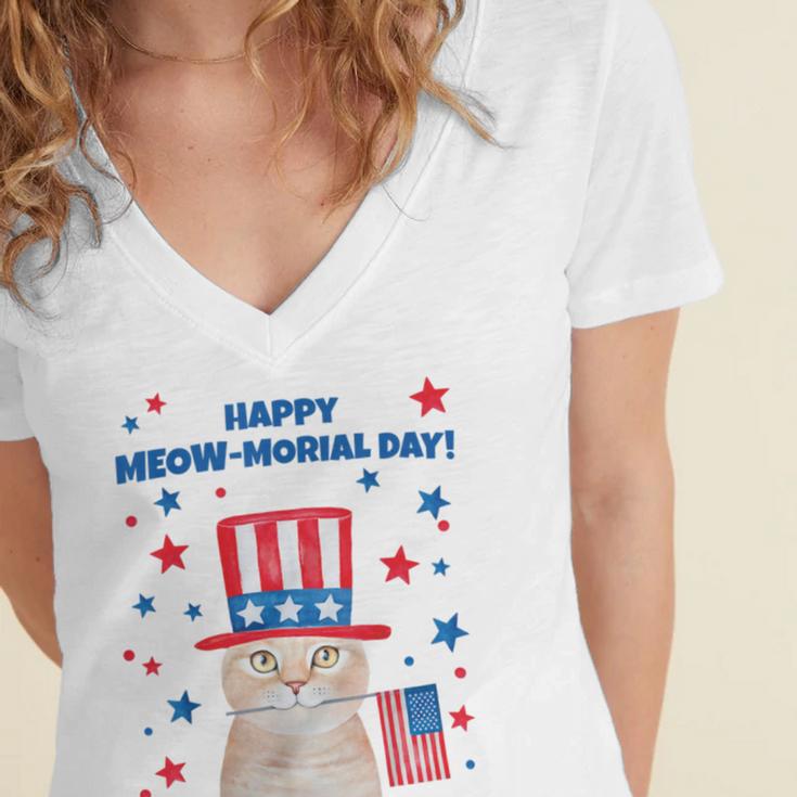 Memorial Day Cat Meowmorial Day Women's Jersey Short Sleeve Deep V-Neck Tshirt