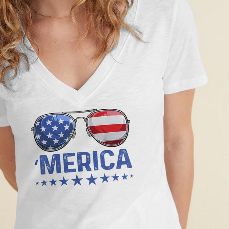Merica Patriotic Usa Flag Sunglusses 4Th Of July Usa Women's Jersey Short Sleeve Deep V-Neck Tshirt