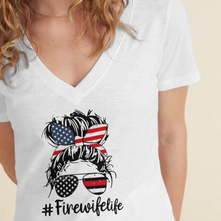 Mom Life And Fire Wife Firefighter Patriotic American Women's Jersey Short Sleeve Deep V-Neck Tshirt
