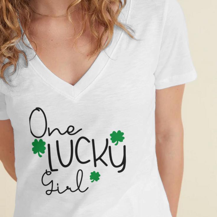 One Lucky Girl Funny St Patrick Day Women's Jersey Short Sleeve Deep V-Neck Tshirt