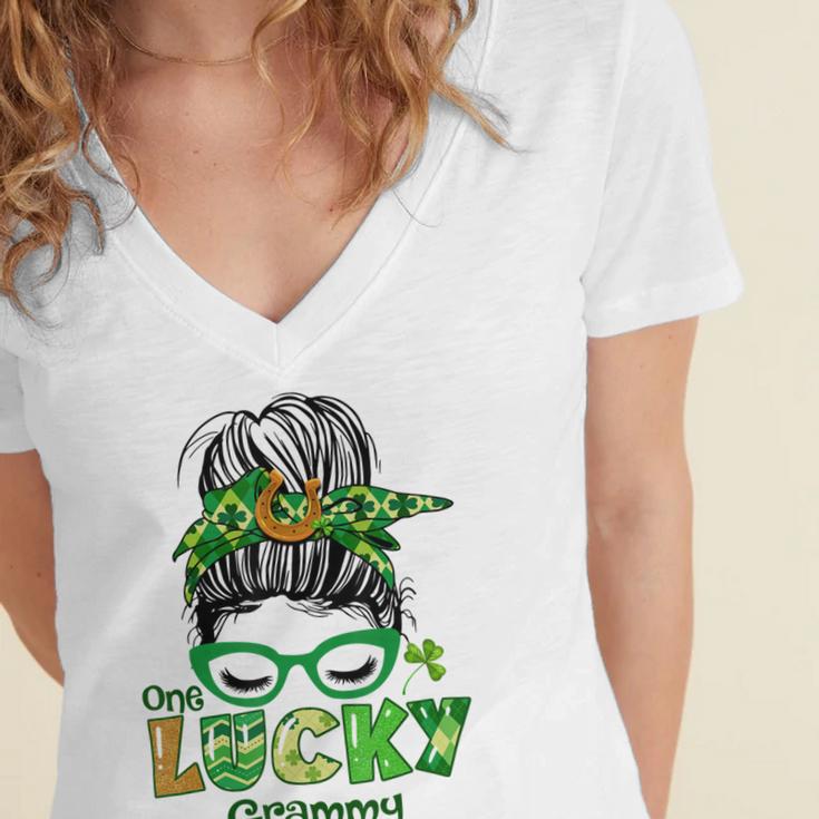 One Lucky Grammy Messy Bun Leopard St Patricks Day Women's Jersey Short Sleeve Deep V-Neck Tshirt