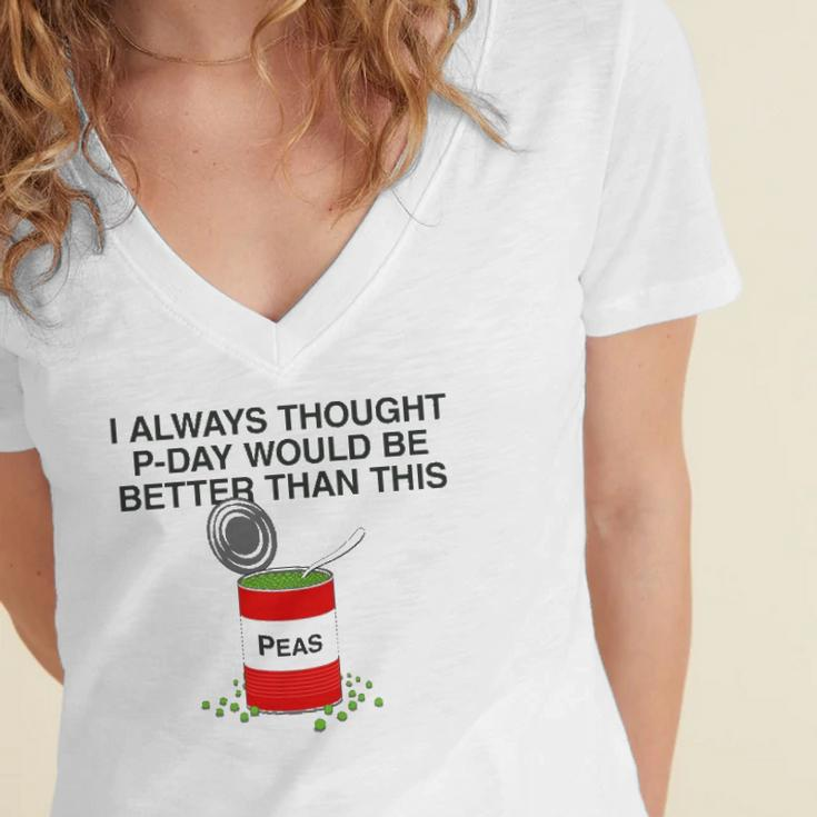 P-Day Funny Lds Missionary Pun Canned Peas P Day Women's Jersey Short Sleeve Deep V-Neck Tshirt