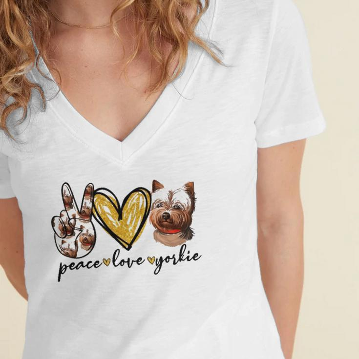 Peace Love Yorkie Dog Lovers Yorkshire Terrier Dad Mom Gift Women's Jersey Short Sleeve Deep V-Neck Tshirt