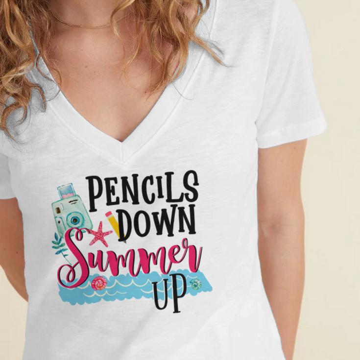 Pencils Down Summer Up Women's Jersey Short Sleeve Deep V-Neck Tshirt