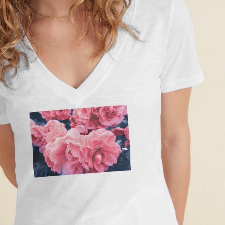 Pink Roses In Garden Women's Jersey Short Sleeve Deep V-Neck Tshirt