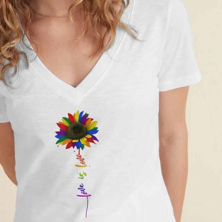 Rainbow Sunflower Love Is Love Lgbt Gay Lesbian Pride Women's Jersey Short Sleeve Deep V-Neck Tshirt