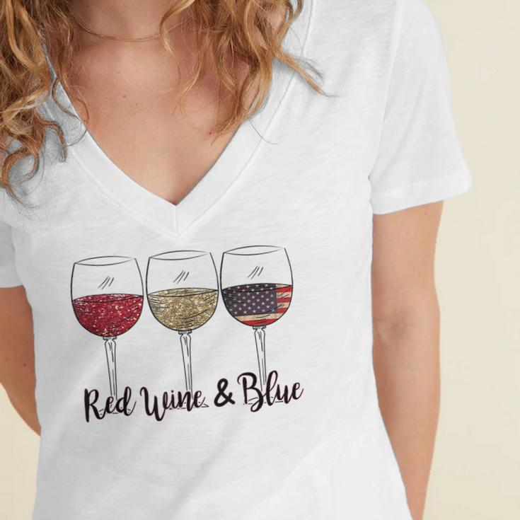 Red Wine & Blue 4Th Of July Wine Red White Blue Wine Glasses V2 Women's Jersey Short Sleeve Deep V-Neck Tshirt