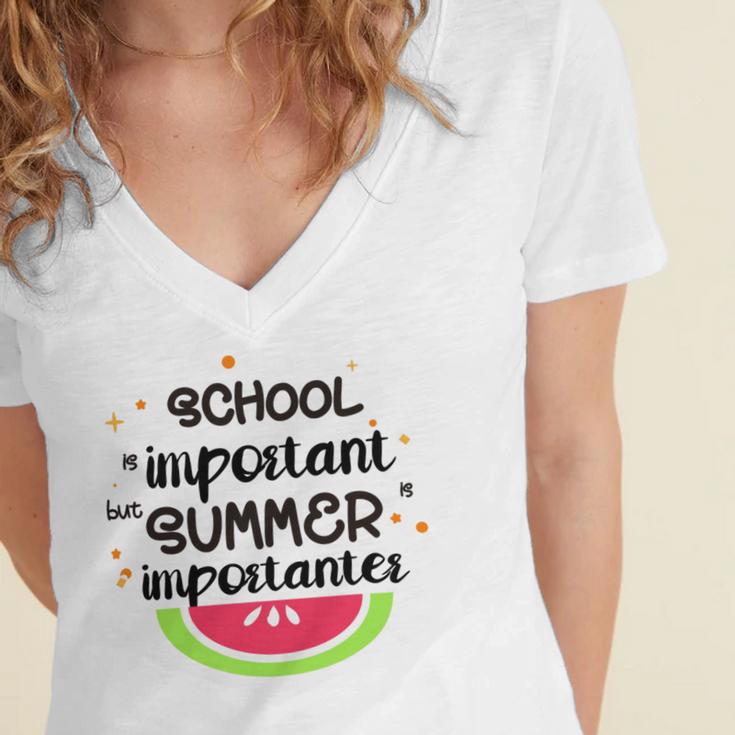 School Is Important But Summer Is Importanter Watermelon Design Women's Jersey Short Sleeve Deep V-Neck Tshirt