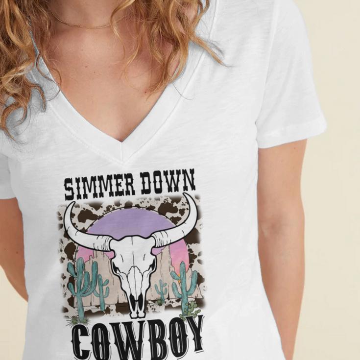 Simmer Down Cowboy Western Style Gift Women's Jersey Short Sleeve Deep V-Neck Tshirt