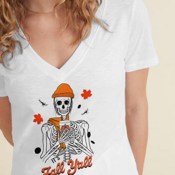 Skeleton It’S Fall Y’All Thanksgiving Funny Autumn Halloween Women's Jersey Short Sleeve Deep V-Neck Tshirt