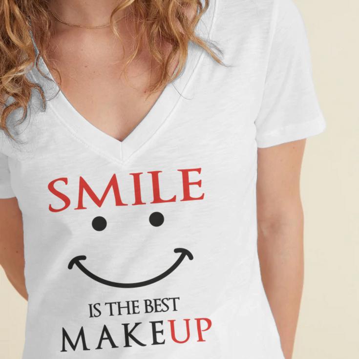 Smile Is The Best Makeup Women's Jersey Short Sleeve Deep V-Neck Tshirt