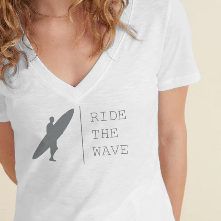 Surfing Funny Quote Ride The Wave Surfer Ocean Lover Women's Jersey Short Sleeve Deep V-Neck Tshirt