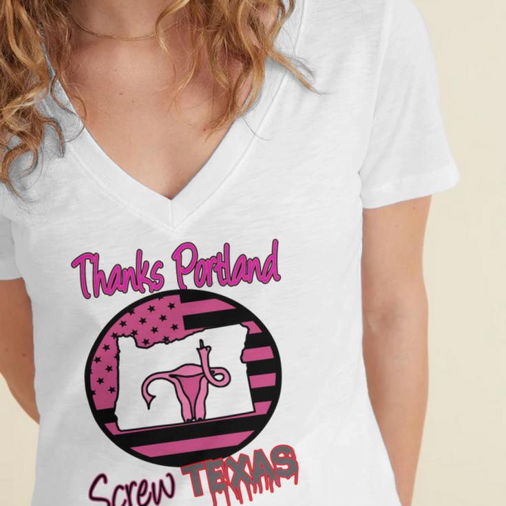 Thanks Portland Screw Texas Mind Your Own Uterus Women's Jersey Short Sleeve Deep V-Neck Tshirt