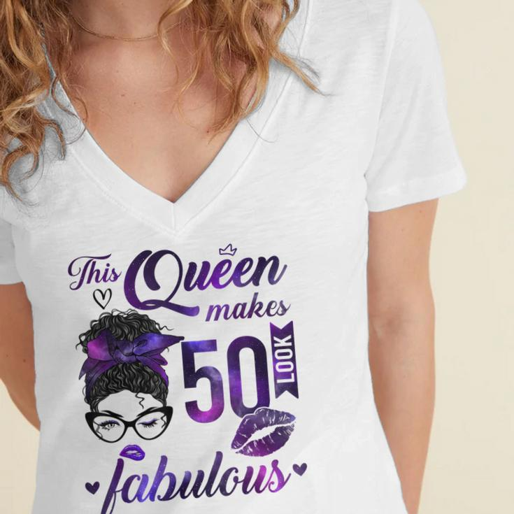 This Queen Makes 50 Look Fabulous 50Th Birthday Messy Bun Women's Jersey Short Sleeve Deep V-Neck Tshirt