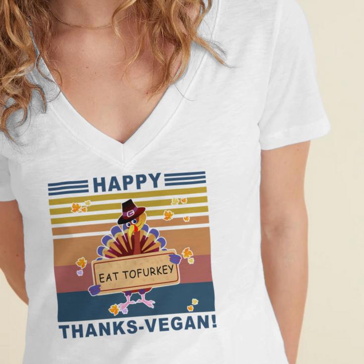 Turkey Happy Thanks Vegan Turkey Vintage Retro Women's Jersey Short Sleeve Deep V-Neck Tshirt