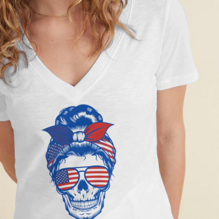 Ultra Maga Red White Blue Skull Women's Jersey Short Sleeve Deep V-Neck Tshirt