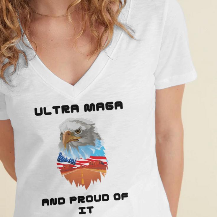 Ultra Mega And Proud Of It Pro Trump Patriotic Republican Women's Jersey Short Sleeve Deep V-Neck Tshirt