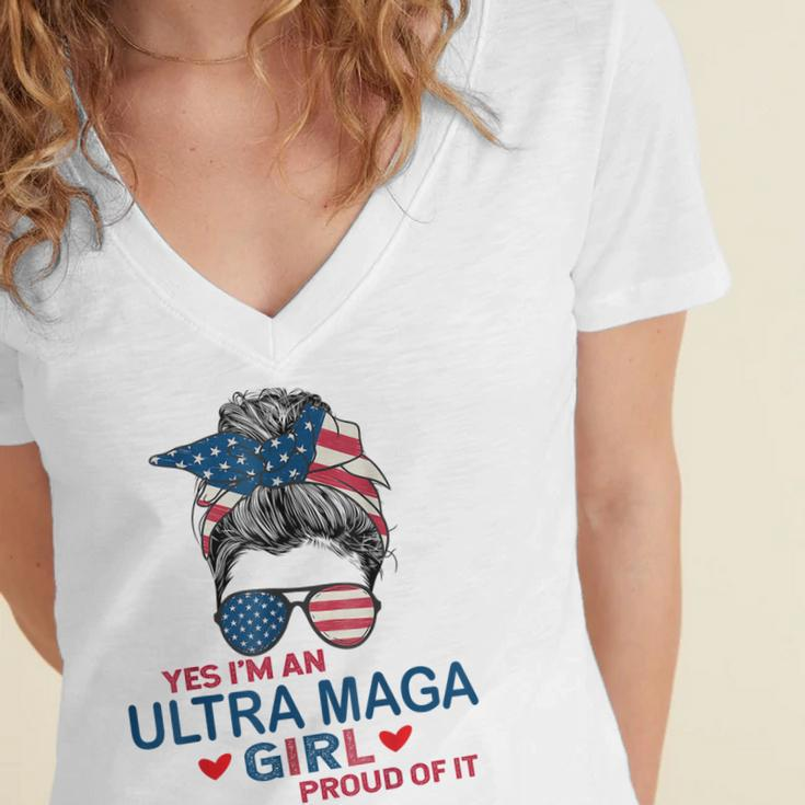 Yes Im An Ultra Maga Girl Proud Of It Usa Flag Messy Bun Women's Jersey Short Sleeve Deep V-Neck Tshirt