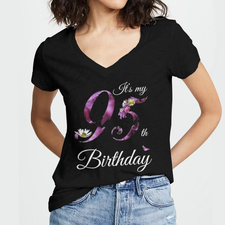 95 Years Old Floral 1927 Its My 95Th Birthday Gift Women's Jersey Short Sleeve Deep V-Neck Tshirt