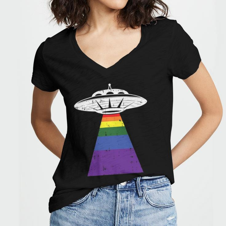 Alien Abduction Gay Pride Lgbtq Gaylien Ufo Proud Ally Women's Jersey Short Sleeve Deep V-Neck Tshirt