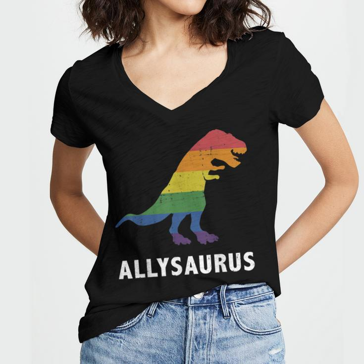 Allysaurus Dinosaur In Rainbow Flag For Ally Lgbt Pride Women's Jersey Short Sleeve Deep V-Neck Tshirt