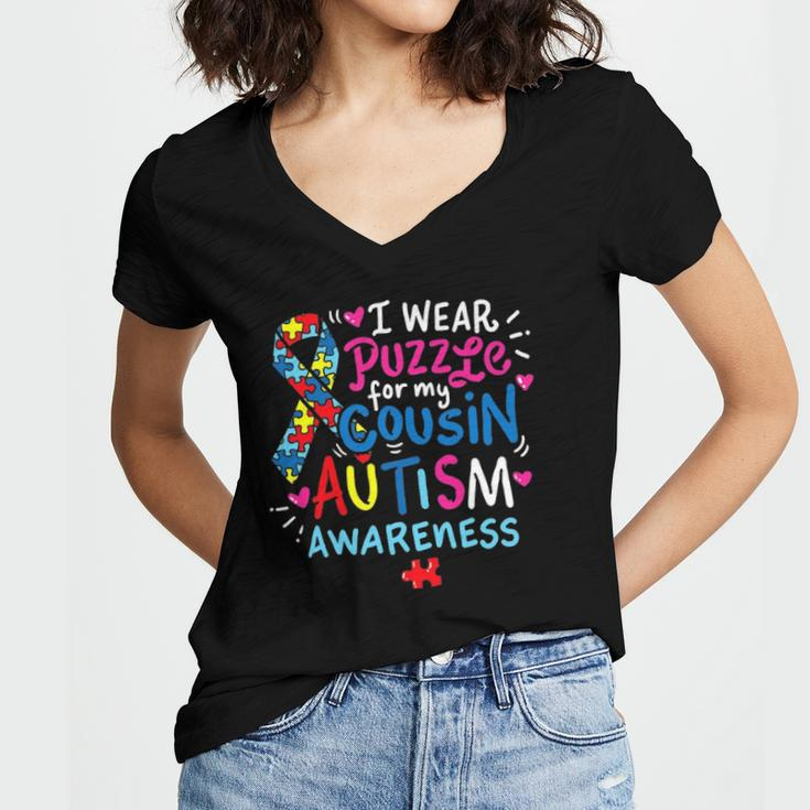 Autism Awareness I Wear Puzzle For My Cousin Women's Jersey Short Sleeve Deep V-Neck Tshirt
