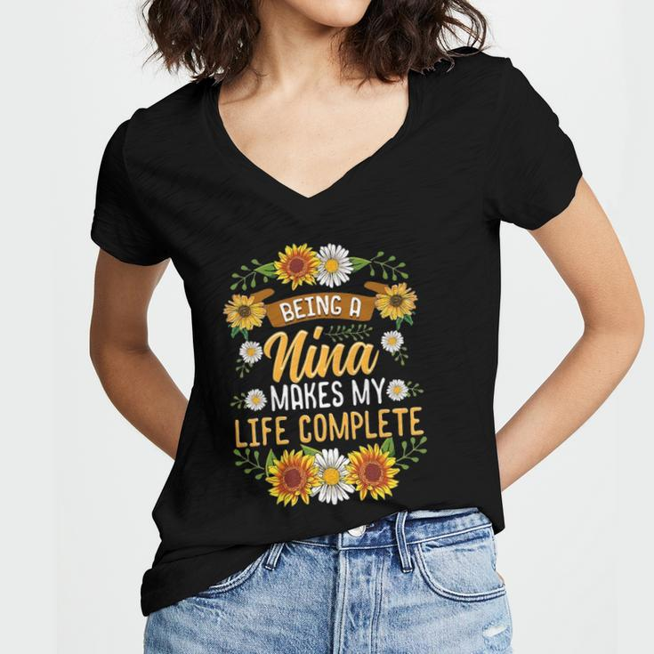 Being A Nina Makes My Life Complete Sunflower Gift Women's Jersey Short Sleeve Deep V-Neck Tshirt