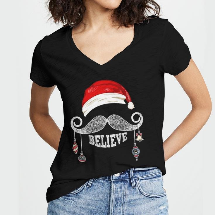 Believe Christmas Santa Mustache With Ornaments - Believe Women's Jersey Short Sleeve Deep V-Neck Tshirt