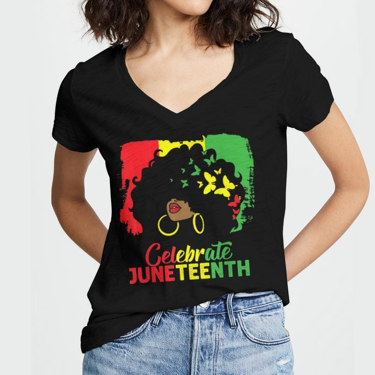 Black Women Messy Bun Juneteenth Celebrate Indepedence Day Women's Jersey Short Sleeve Deep V-Neck Tshirt